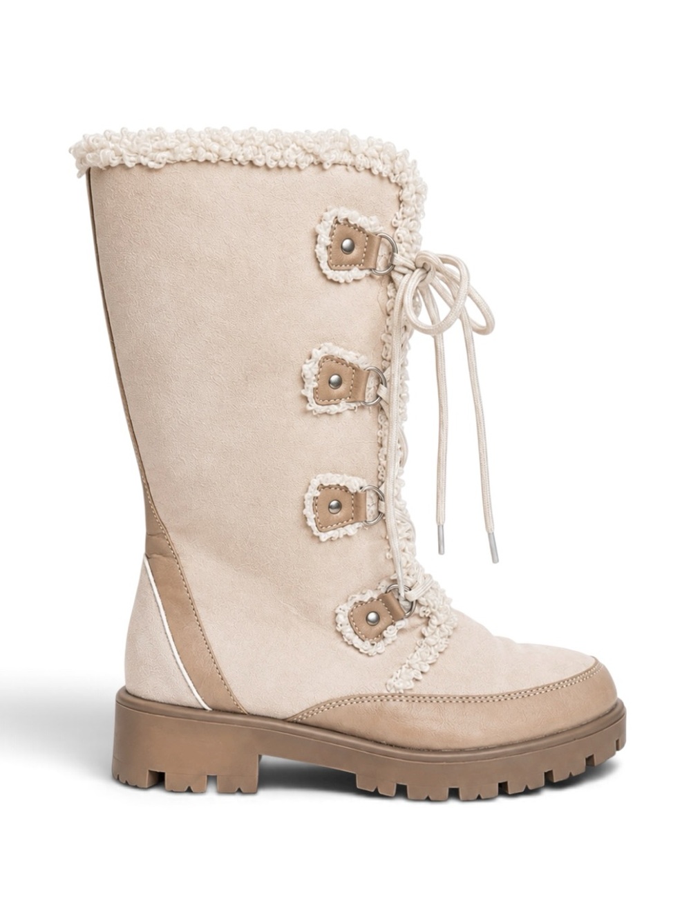 BCBG Girls Faux Shearling Lace Up Tall Lug Sole Boots Ivory Tan Size 5